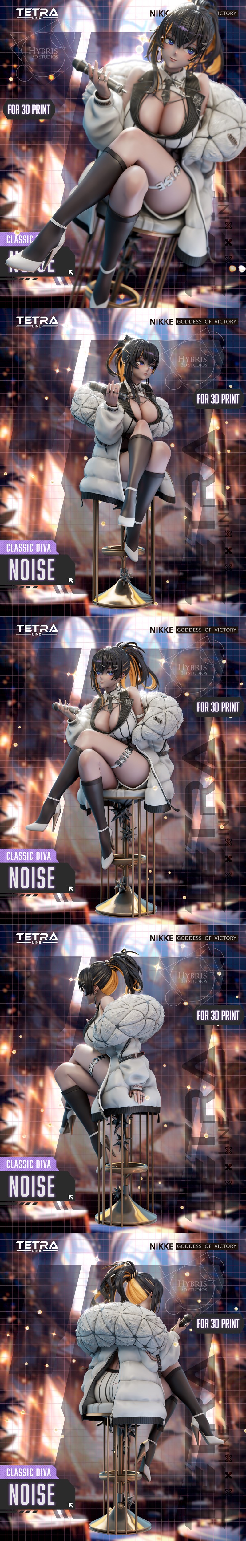 Hybris Studios 3D model of Noise from Nikke Goddess of Victory, sitting seductively in a white jacket and revealing o...