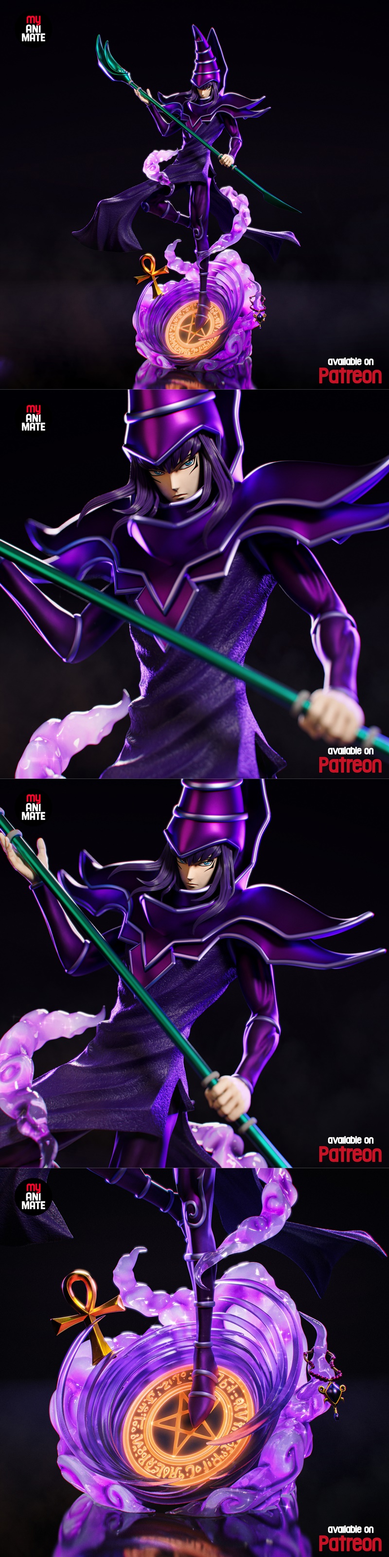 Dark Magician figure from Yu-Gi-Oh! by MyAnimate, posed dynamically with a staff, surrounded by purple magical energy...