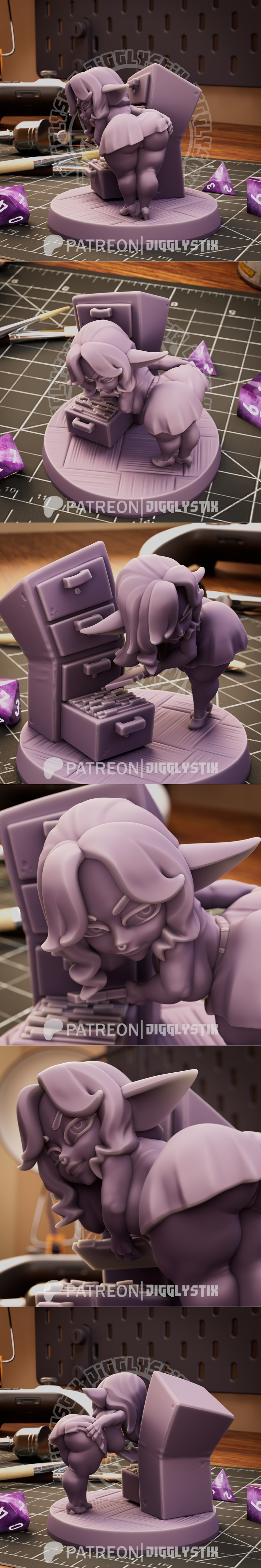 3D model of a chubby goblin girl leaning over a filing cabinet, wearing a short skirt. Jigglystix studio.