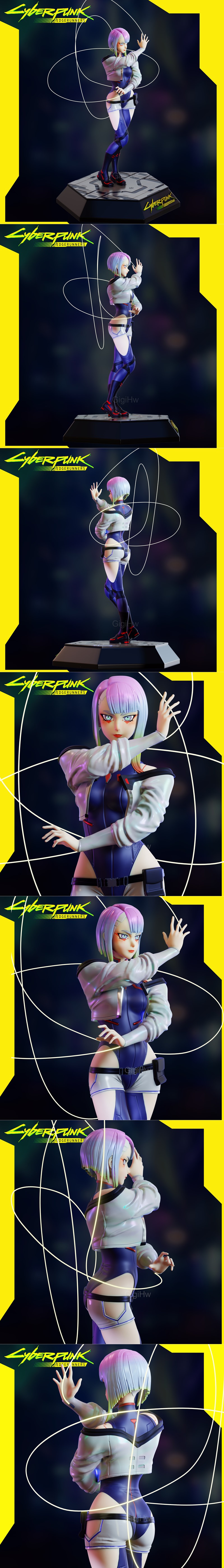 Lucy from Cyberpunk: Edgerunners 3D model figure, wearing a blue and white bodysuit, cropped jacket, and thigh-high b...