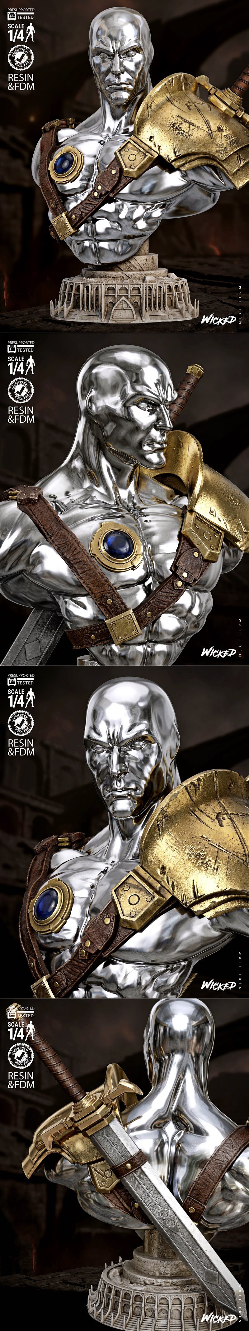 Silver Surfer bust with metallic finish, wearing golden shoulder armor and a leather chest strap with a blue gem. The...