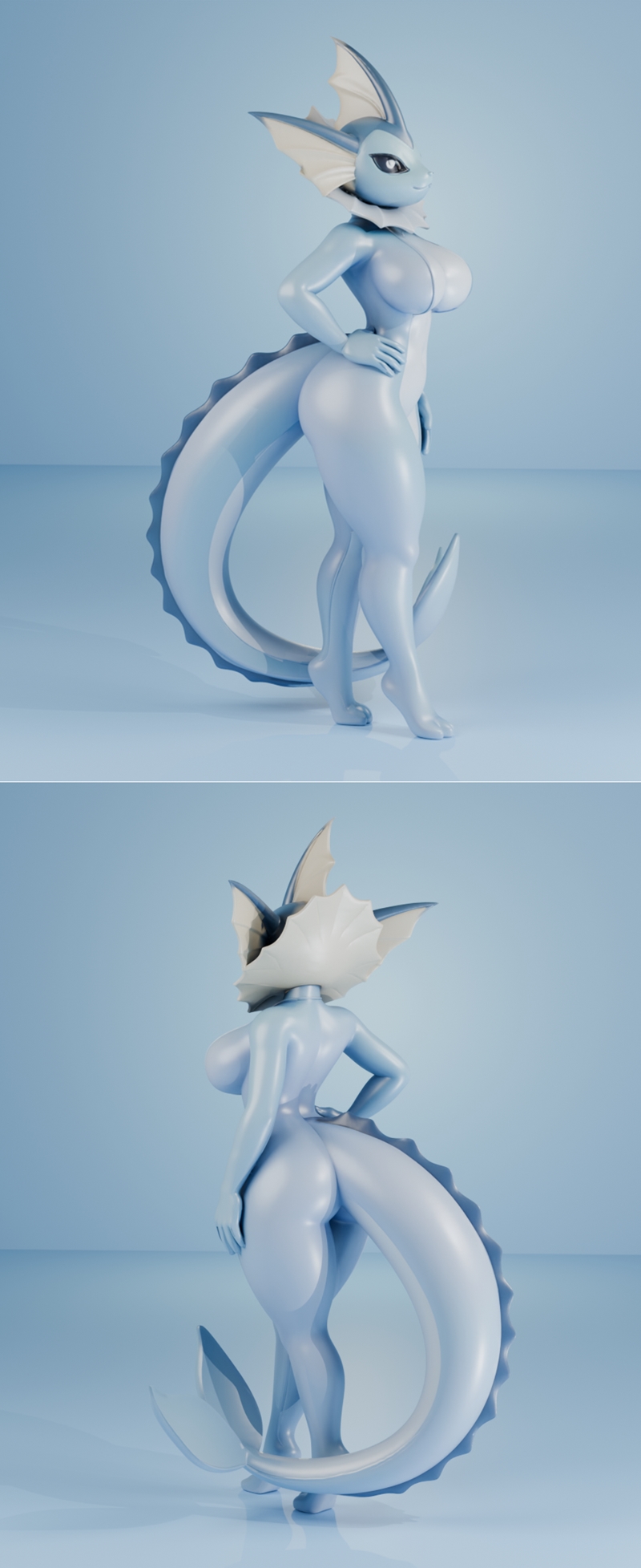 Anthropomorphic Vaporeon 3D model with humanoid body, fins, frills, and tail, posed suggestively with hand on hip.