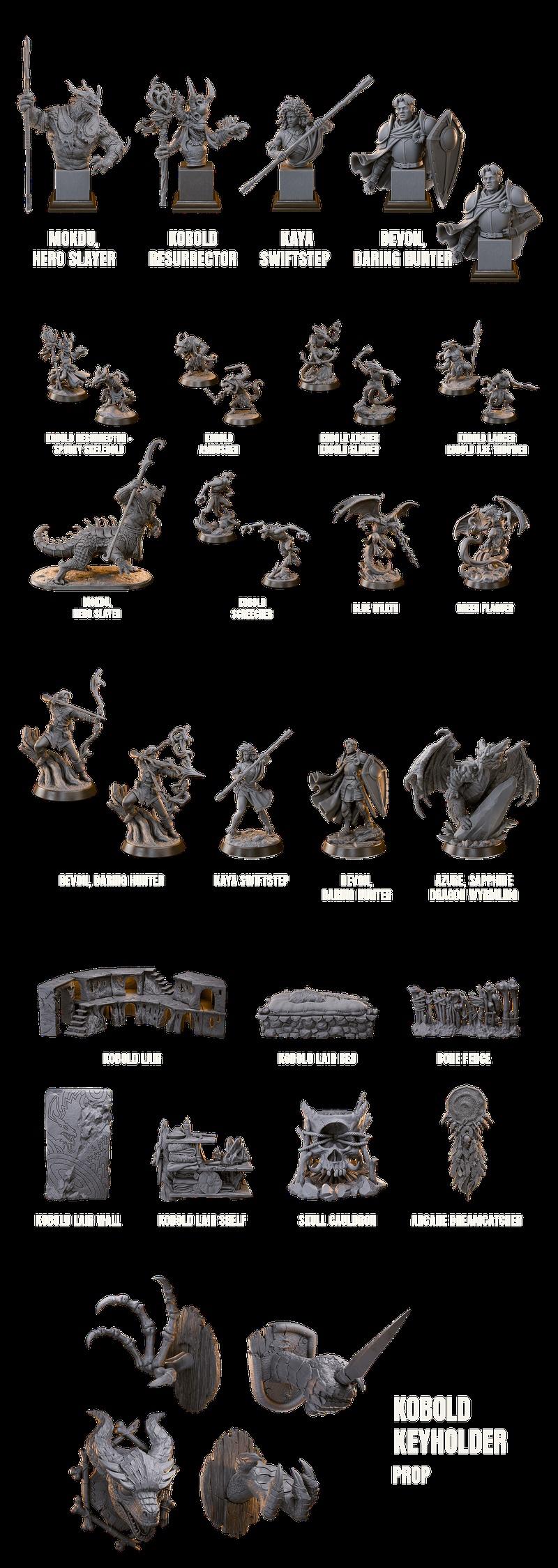 Collection of fantasy 3D printable miniatures including dragons, kobolds, warriors, and dungeon terrain pieces, prese...
