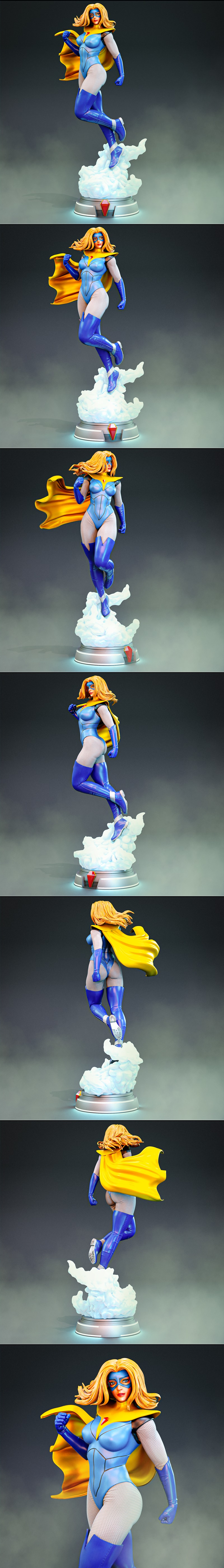 3D model of Blonde Blazer superheroine in a dynamic flying pose, wearing a blue and yellow costume with a mask and ca...