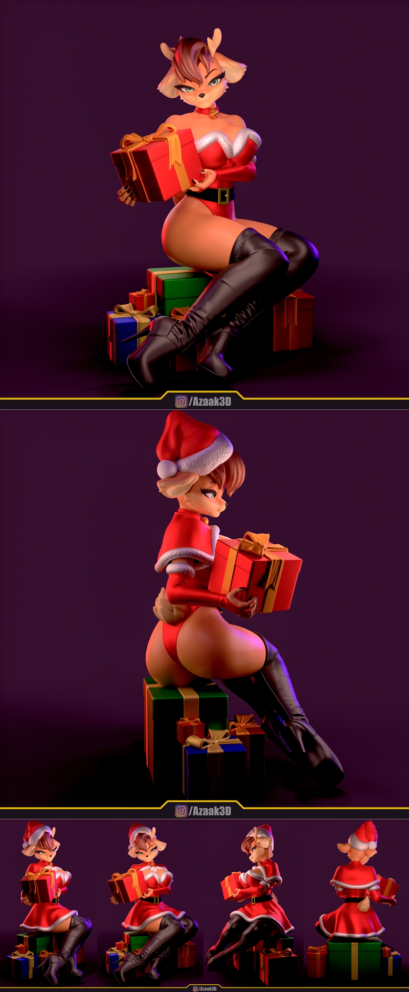 Stylized female deer character in a Christmas outfit, sitting on gift boxes and holding a present. Wearing a Santa ha...