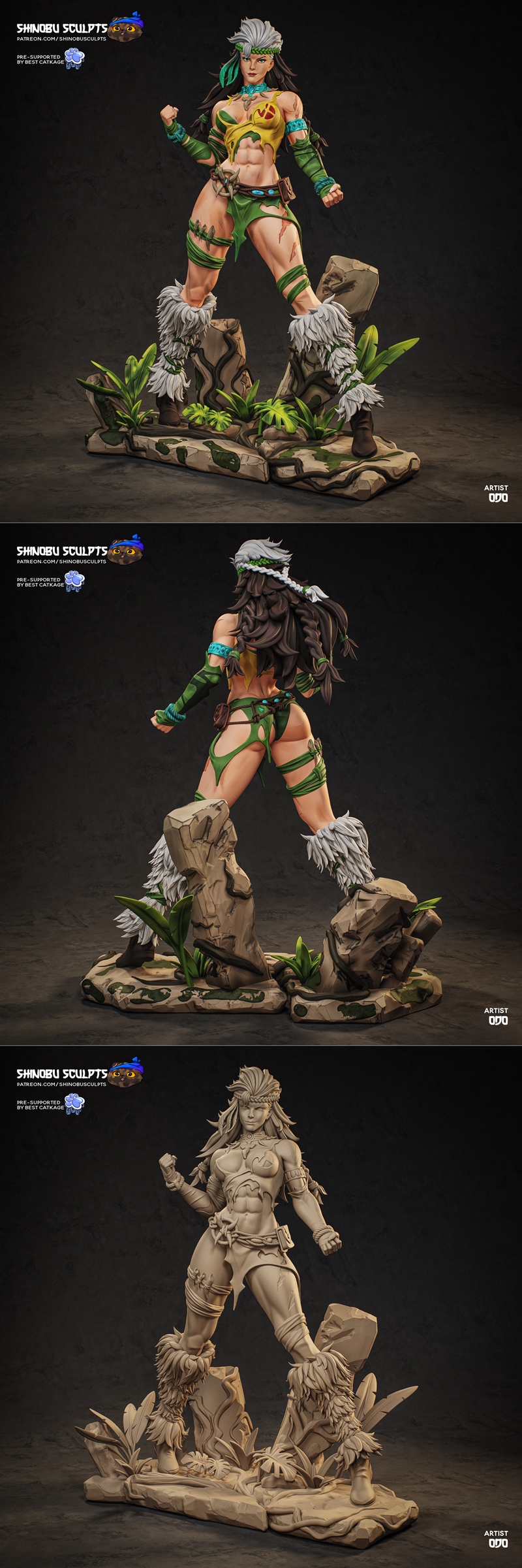Shinobu Sculpts 3D model of Marvel's Rogue, a muscular woman in a tribal-style green and yellow outfit, wearing a bra...