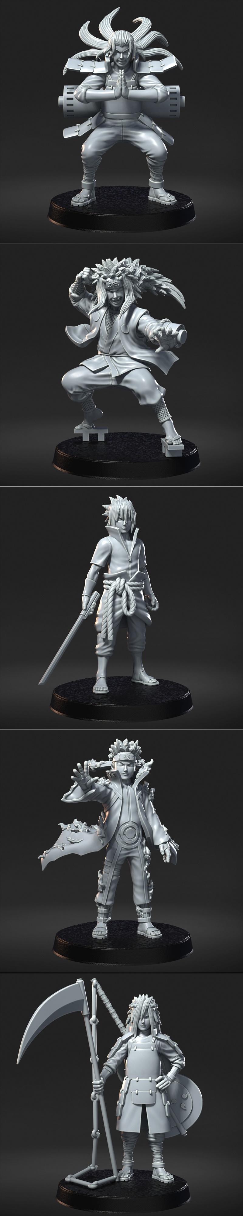 Collection of five 3D printable anime figures: Naruto Uzumaki in Sage Mode, Madara Uchiha with scythe, Sasuke Uchiha...