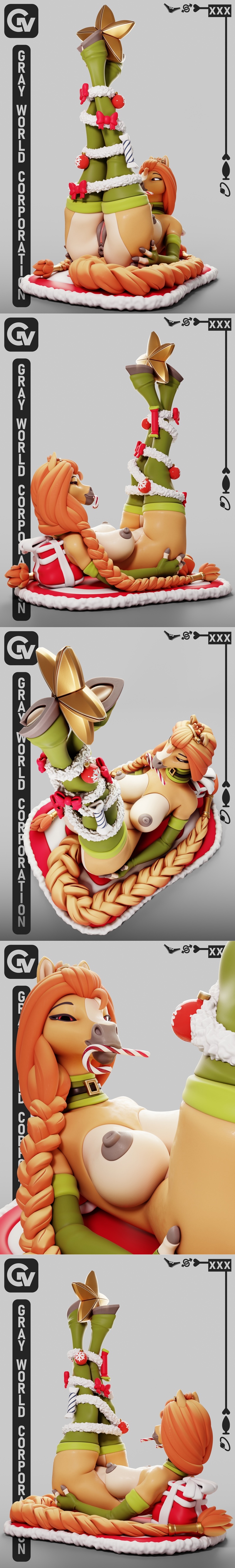 Stylized anthropomorphic horse character in a suggestive Christmas pose, adorned with green elf-like attire, red bows...