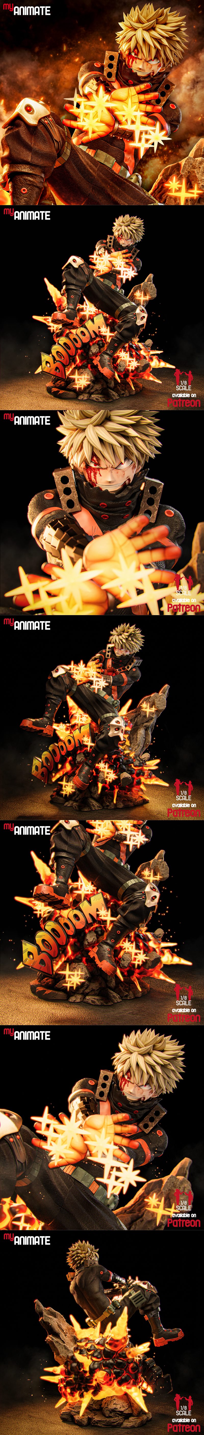 Katsuki Bakugo figure in a dynamic action pose, surrounded by fire and debris, with "BOOOM!" text on the ba...