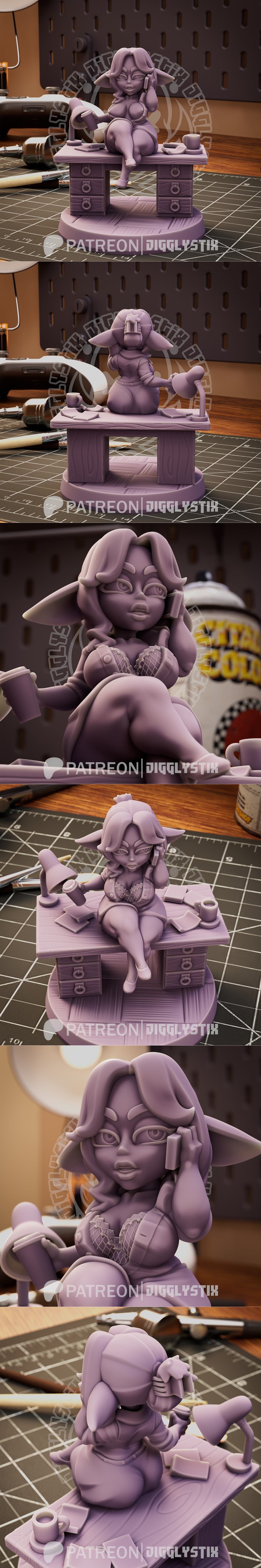 Stylized goblin woman figure sitting on a desk, holding a phone and mug. She wears revealing lingerie-style clothing....