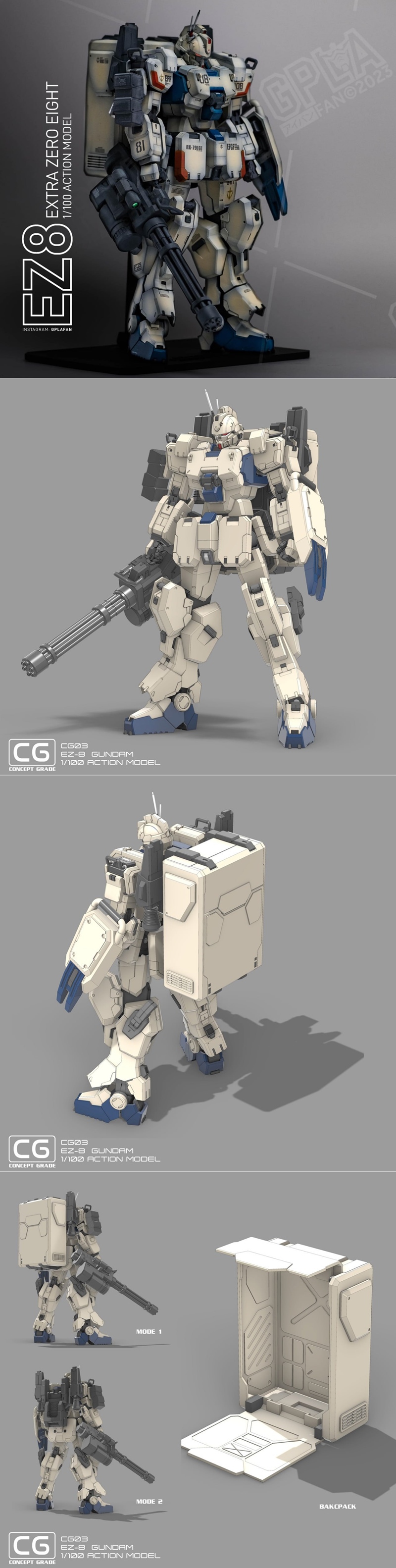 1/100 scale EZ8 Gundam mobile suit 3D model, featuring detailed armor, a large rifle, and a display base. The mecha i...