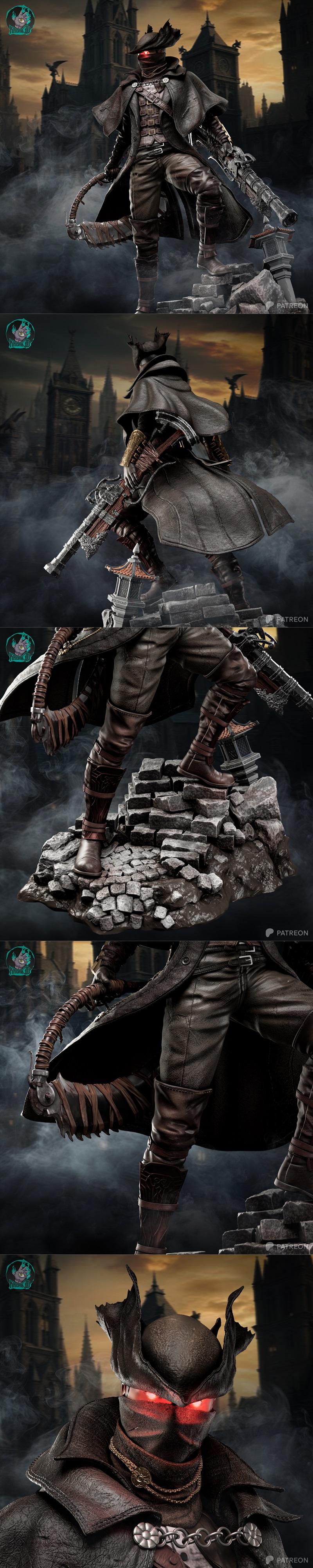 The Hunter from Bloodborne, a male figure in a dark leather coat and mask with glowing red eyes, holding a whip and f...