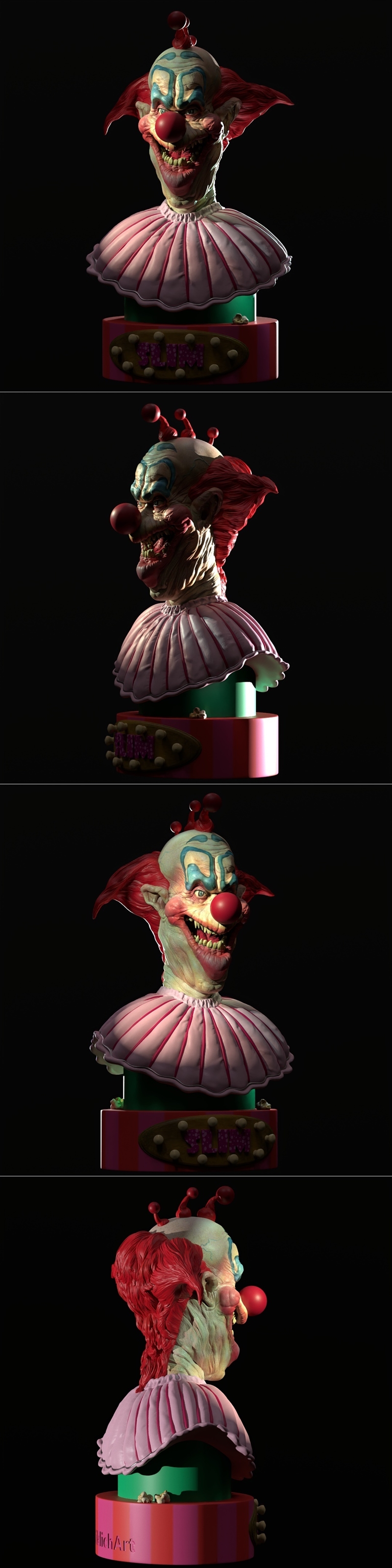 3D printable bust of Slim the Killer Klown from Outer Space, featuring a grotesque face, red hair, and a pink ruffled...