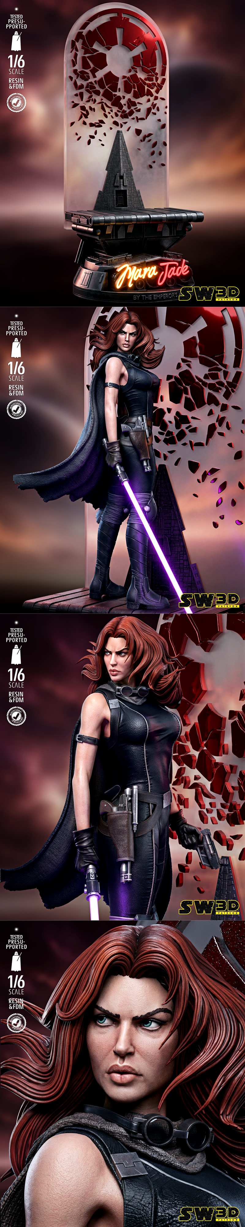 Mara Jade sculpture with purple lightsaber, wearing dark outfit and cape, standing on a detailed base with Imperial i...