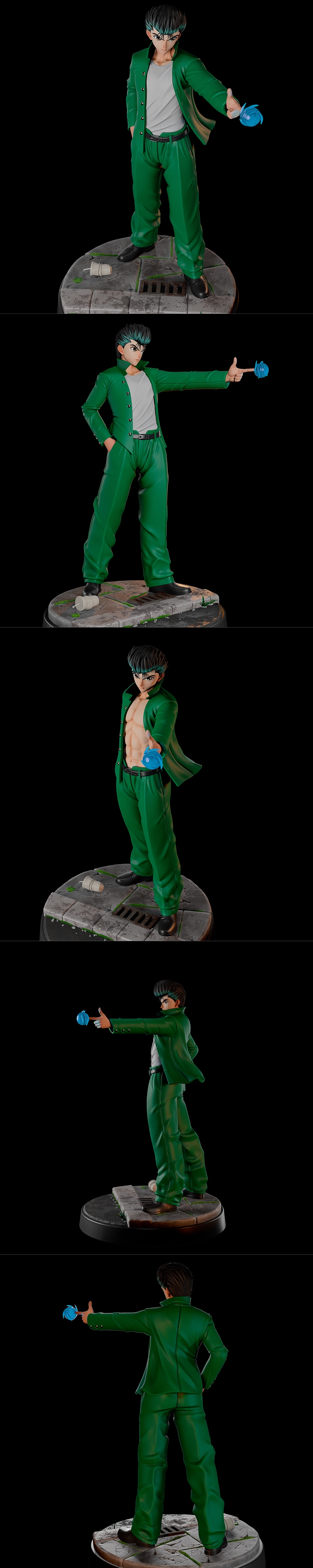 Yusuke Urameshi from Yu Yu Hakusho anime series, wearing a green uniform and emitting a blue energy blast from his ha...