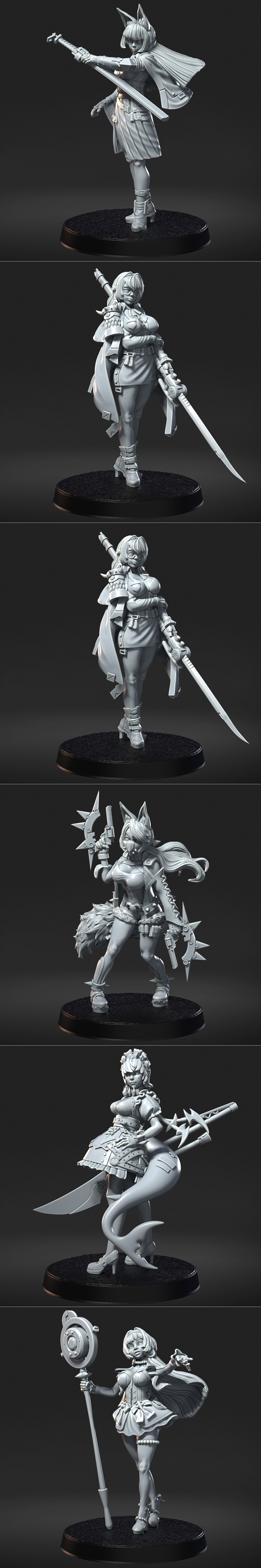 Collection of five 3D printable female character models: mermaid-sword, fox-eared warrior, samurai, cape-sword, and m...