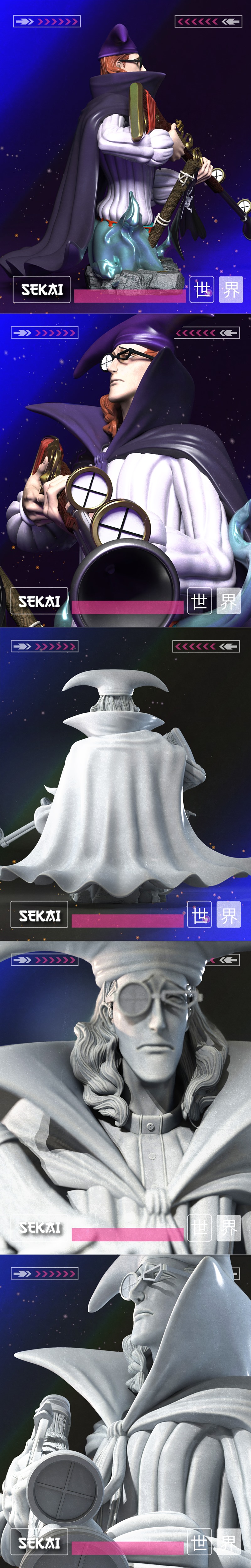 Bust of Van Augur from One Piece, holding a flintlock rifle, wearing a purple hat and glasses, with a Jolly Roger flag.