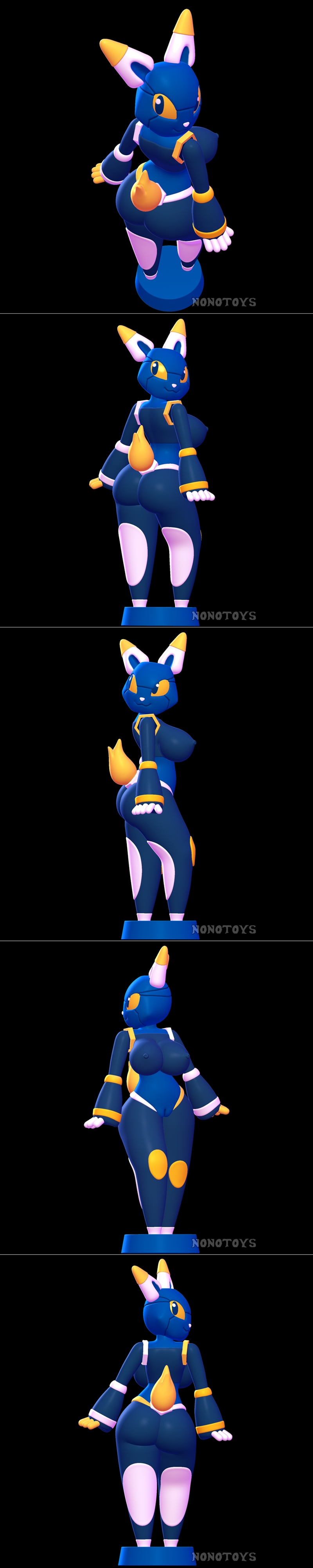 Anthropomorphic blue mascot character with yellow eyes and ears, a flame tail, and exaggerated curves, standing on a...