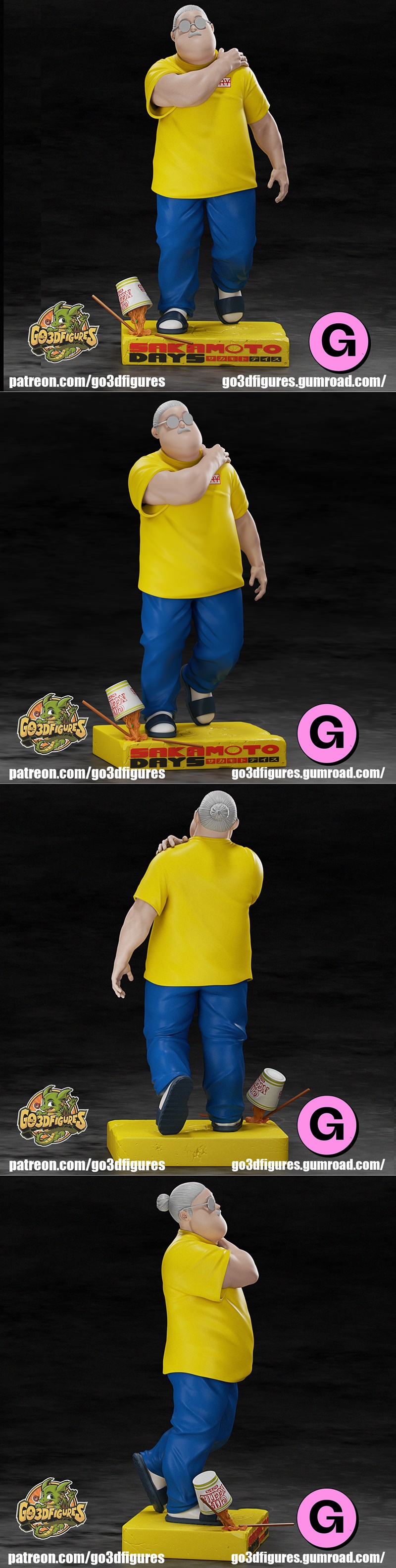 3D model of Taro Sakamoto from Sakamoto Days, wearing a yellow shirt and blue pants, standing on a yellow base with a...