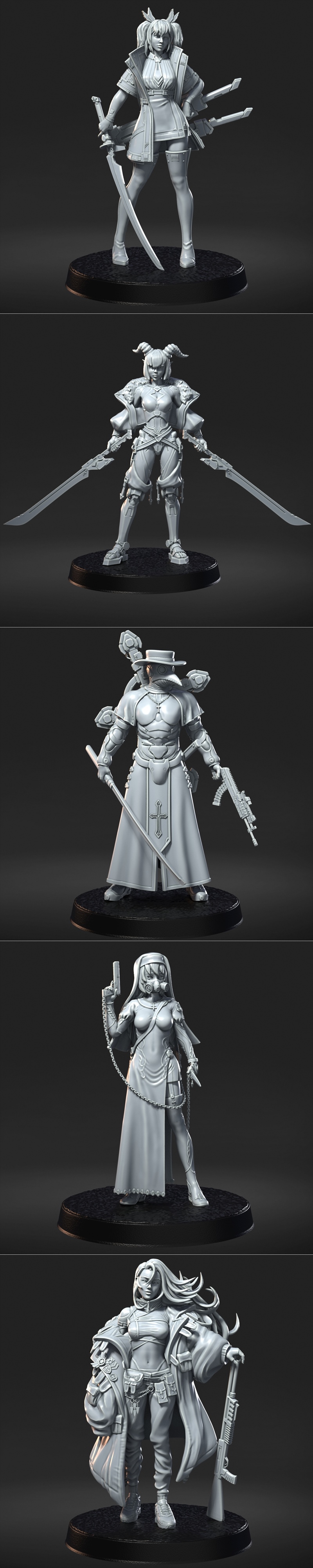 Five cyberpunk female figures for 3D printing: one with horns and dual swords, another with a rifle and long coat, a...