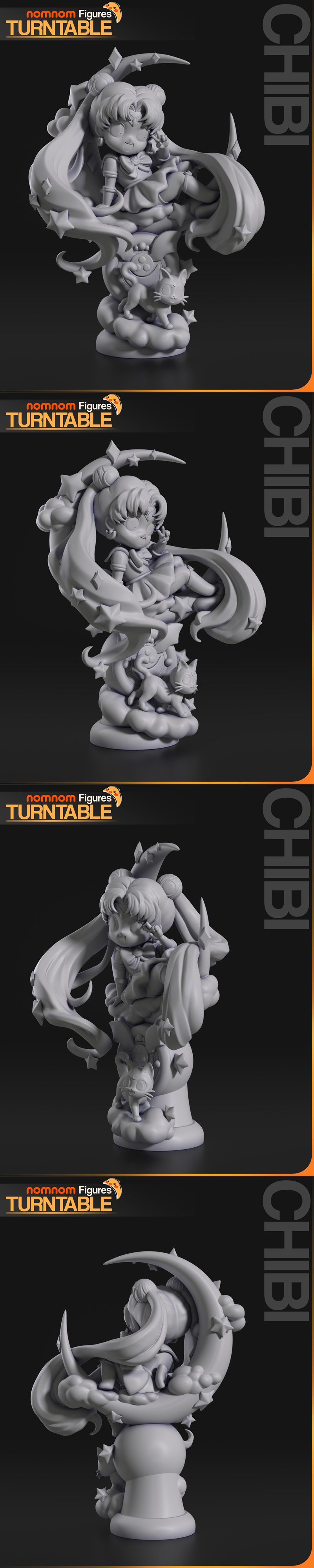 Chibi Sailor Moon figure sitting on a crescent moon with stars and clouds, accompanied by Luna the cat. Nomnom Figure...