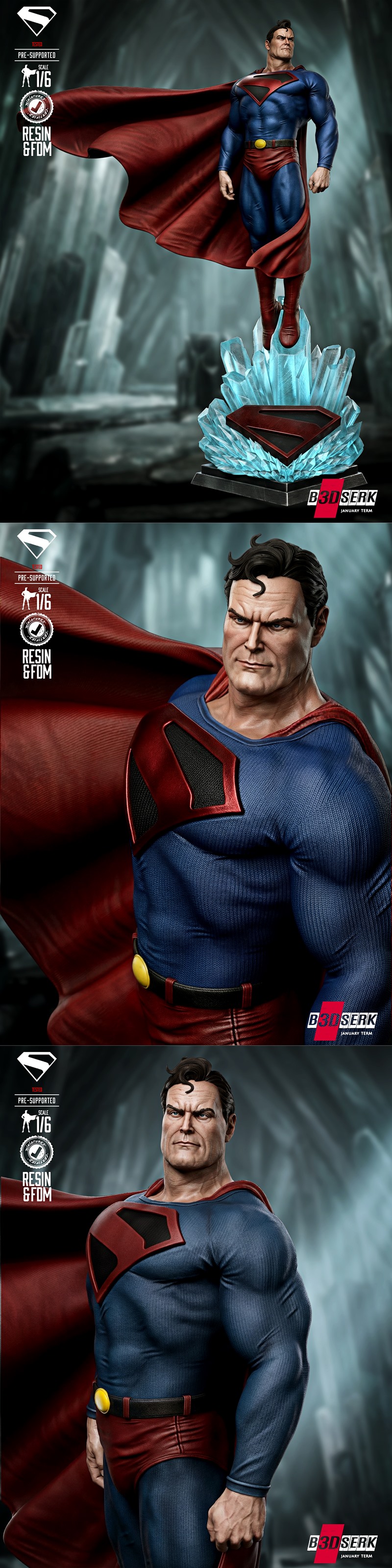 Superman Kingdom Come sculpture, 1:6 scale, standing heroically on a base of blue crystals, wearing his classic blue...