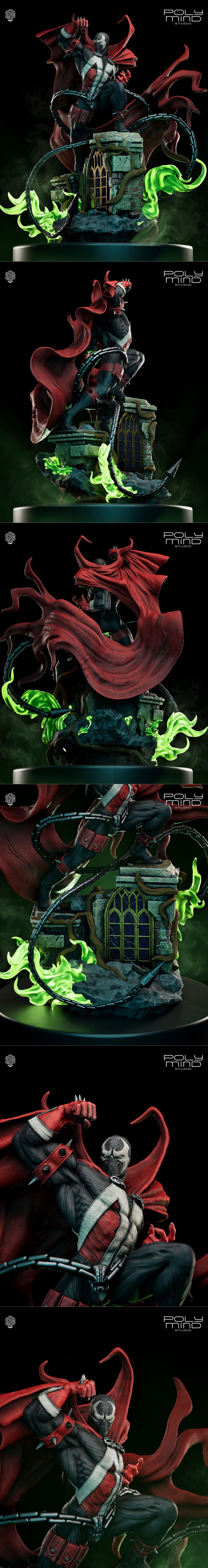 Spawn figure by PolyMind Studio, posed heroically on a gothic ruin base with green spectral energy, chains, and a flo...