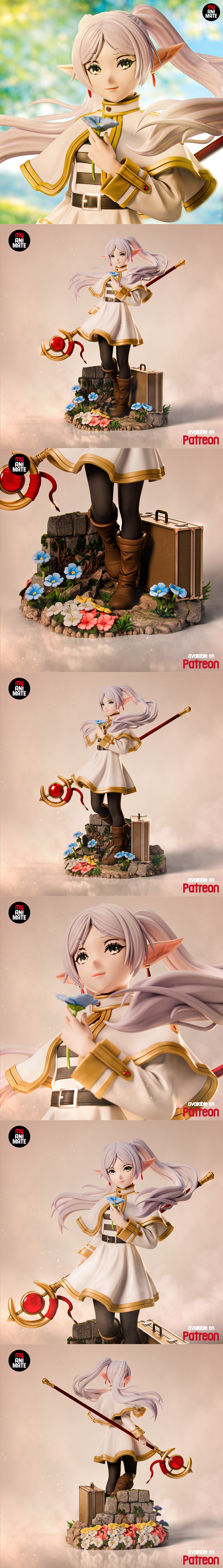 Frieren anime figure by MyAnimate, standing in a sunny meadow holding a flower and a staff. She wears a white and gol...