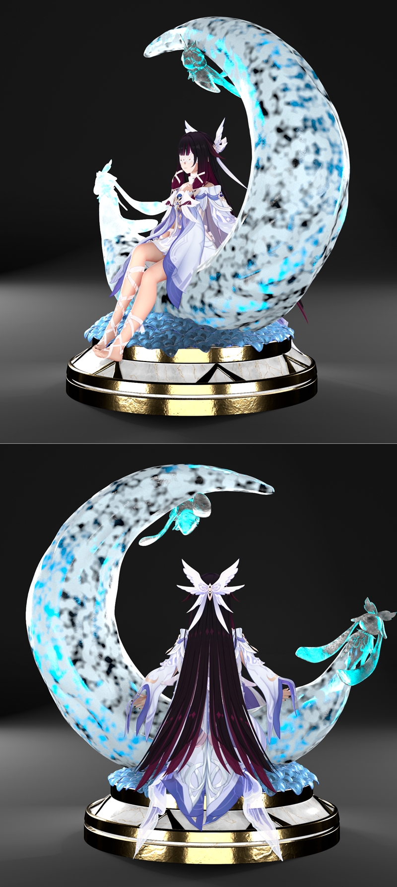 Columbina figure seated on a crescent moon, wearing a white and lavender outfit with wing details. The moon has icy b...