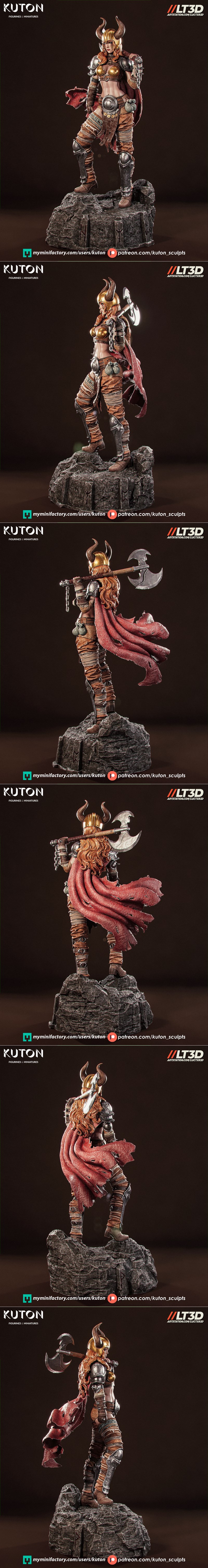 Female viking warrior 'Thyra' with horned helmet and battle axe, wearing ornate armor and a red cape, standing on a r...