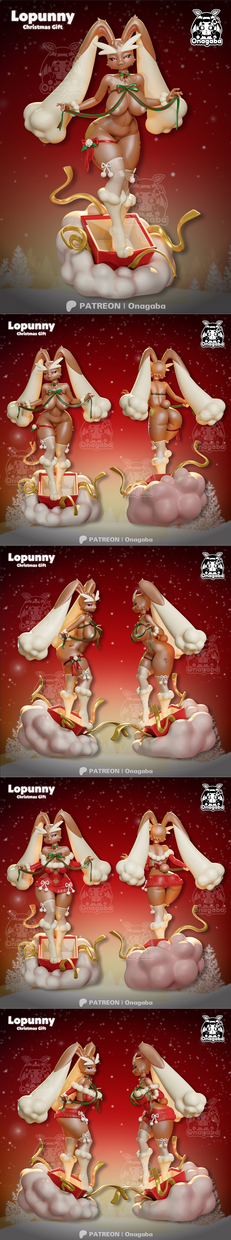 3D model of Lopunny from Pokemon in a Christmas outfit, stepping out of a gift box with festive ribbons and clouds.