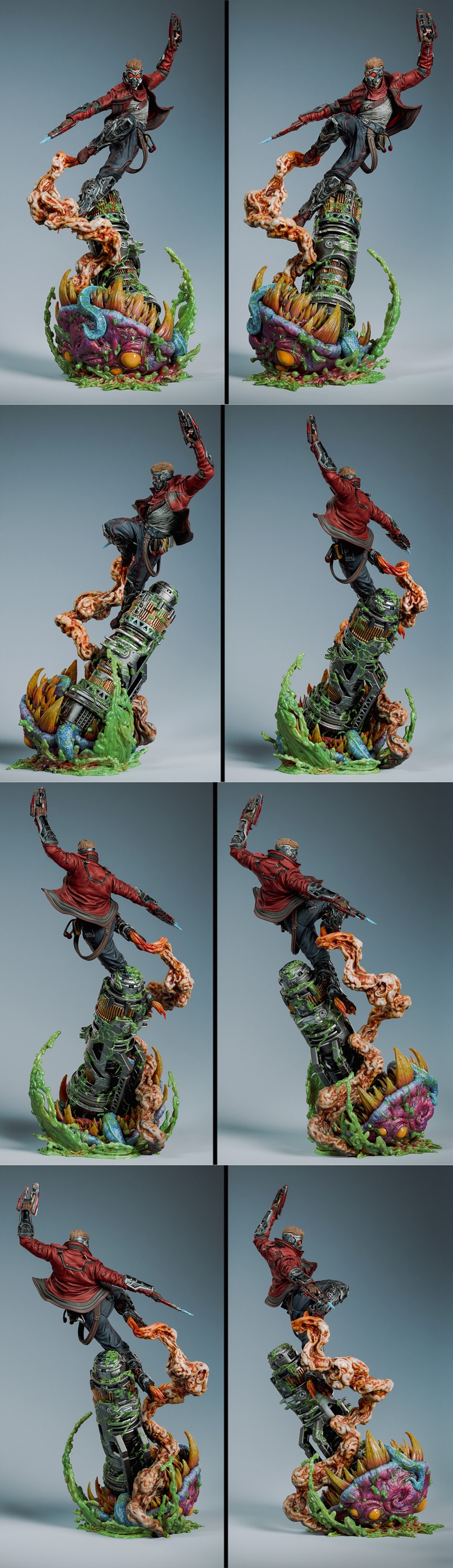Star Lord 3D model figure in action pose, leaping over a slime-covered alien structure, wearing mask and holding blas...