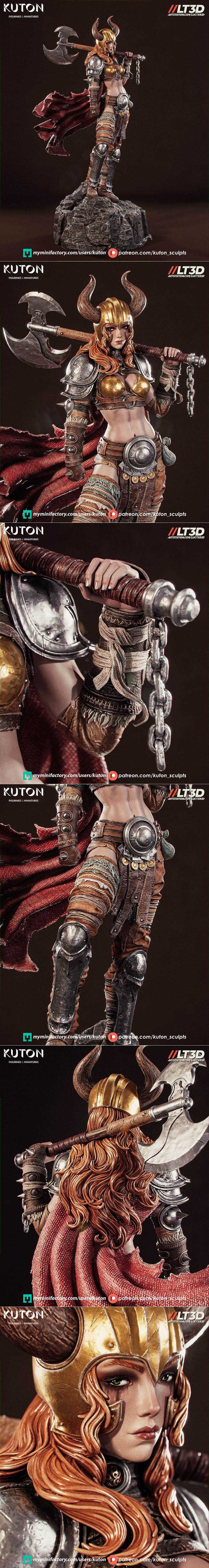 Female viking warrior 'Thyra' with horned helmet and battle axe, wearing ornate armor and a red cape, standing on a r...