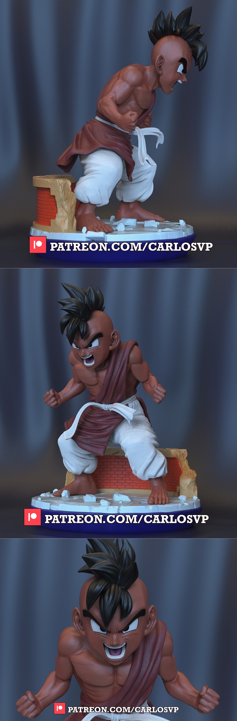 3D model of Uub from Dragon Ball in a combat stance, wearing white pants and a maroon robe, with a mohawk hairstyle.