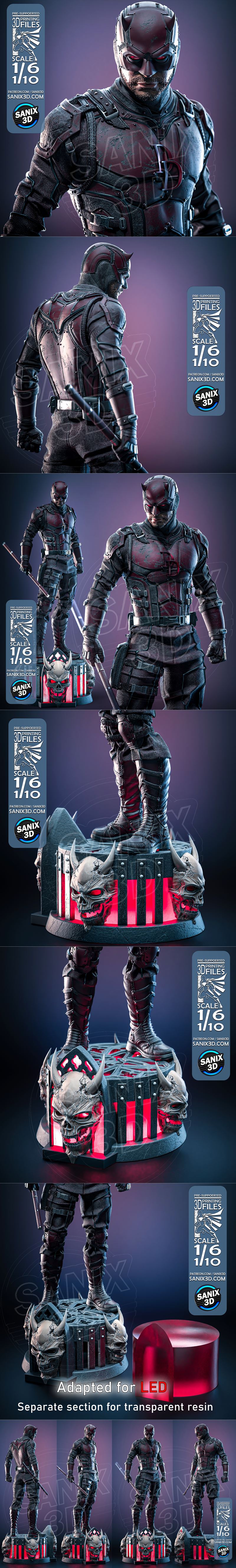 Daredevil 3D model figure, wearing a red and black armored suit with horns on the cowl, holding two batons. Studio Sa...