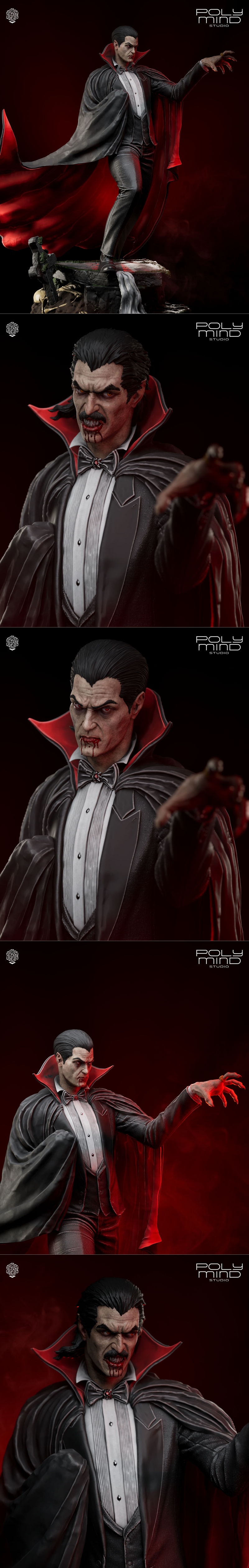 Dracula figure in a black suit and cape, standing on a diorama base with a tombstone and waterfall. PolyMind Studio l...