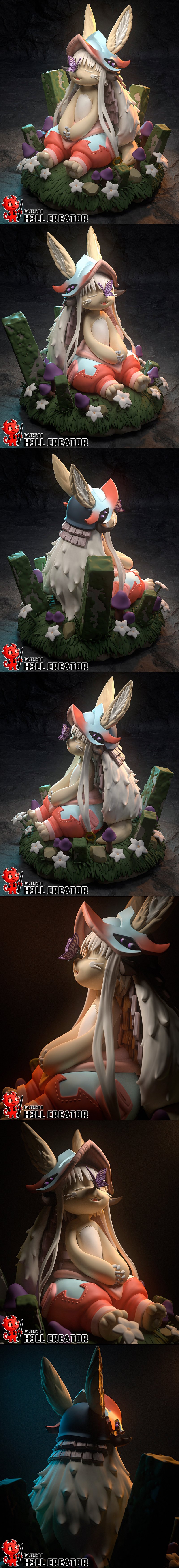 Nanachi from Made in Abyss sitting peacefully in a forest with a butterfly on its nose. The figure wears orange pants...