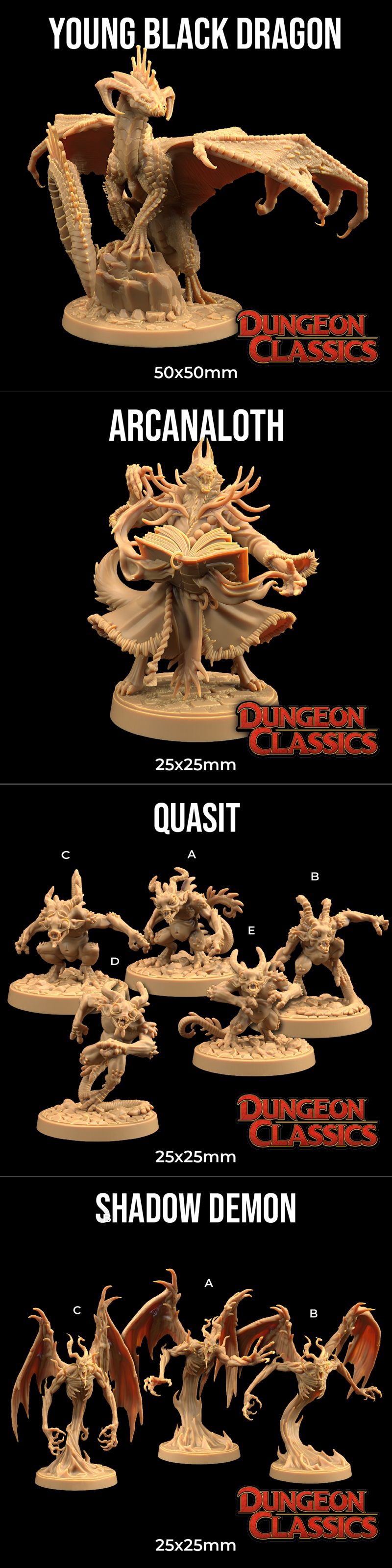 Collection of fantasy 3D printable models: a dragon, winged demons, imps, and a spellcaster, with 'Dungeon Classics'...