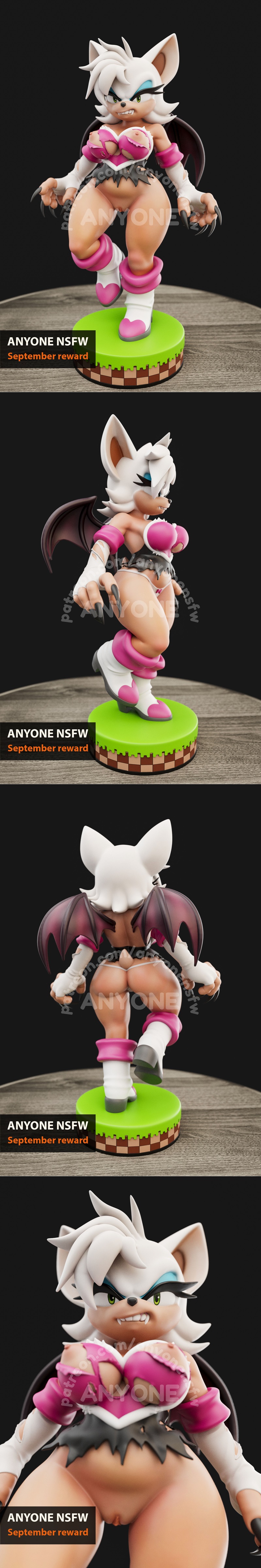 3D model of Rouge the Bat from Sonic the Hedgehog, wearing a revealing pink outfit and white boots, with bat wings an...