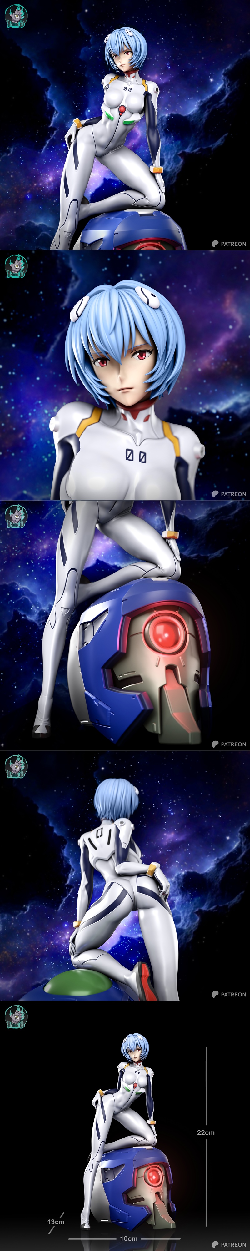 Rei Ayanami in a white and blue plugsuit, kneeling with a determined expression. The 3D model features detailed suit...