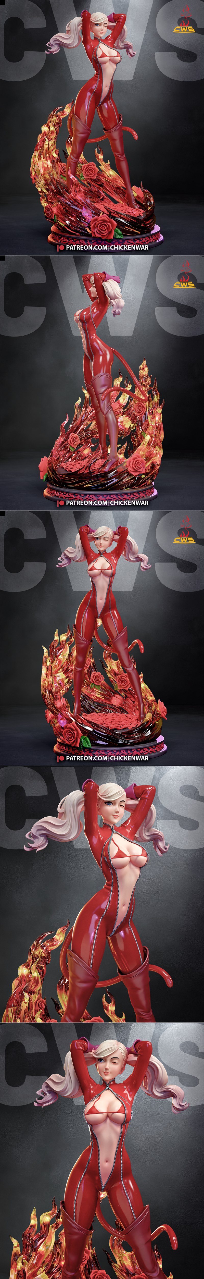 Ann Takamaki 3D model in red Phantom Thief suit, winking, with fiery base and roses.