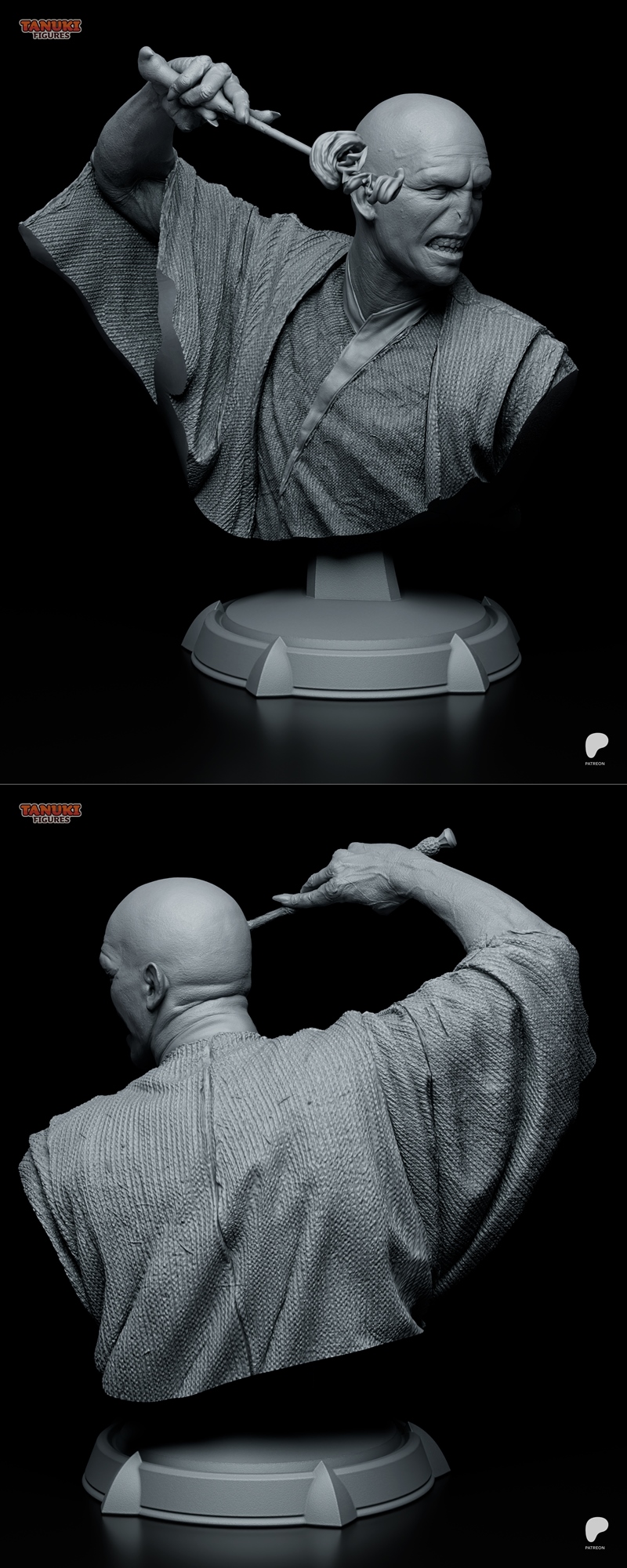 Voldemort bust 3D model, Tanuki Figures, with furious expression, holding a wand, wearing textured robes, on a styliz...
