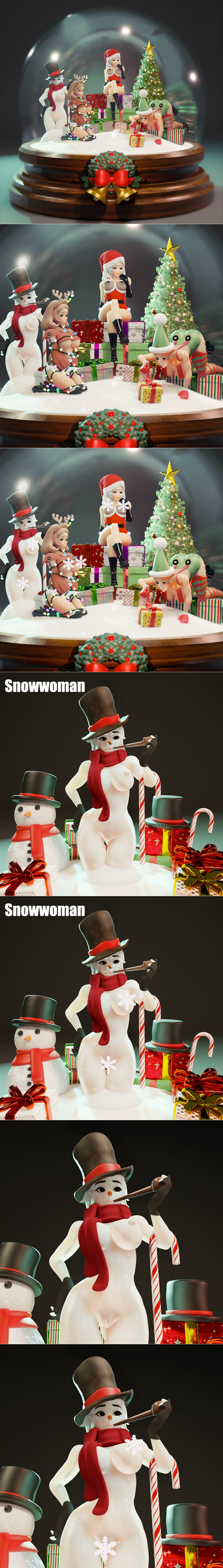 3D model of a Christmas snow globe containing scantily clad female figures dressed as Santa, reindeer, and an elf, wi...