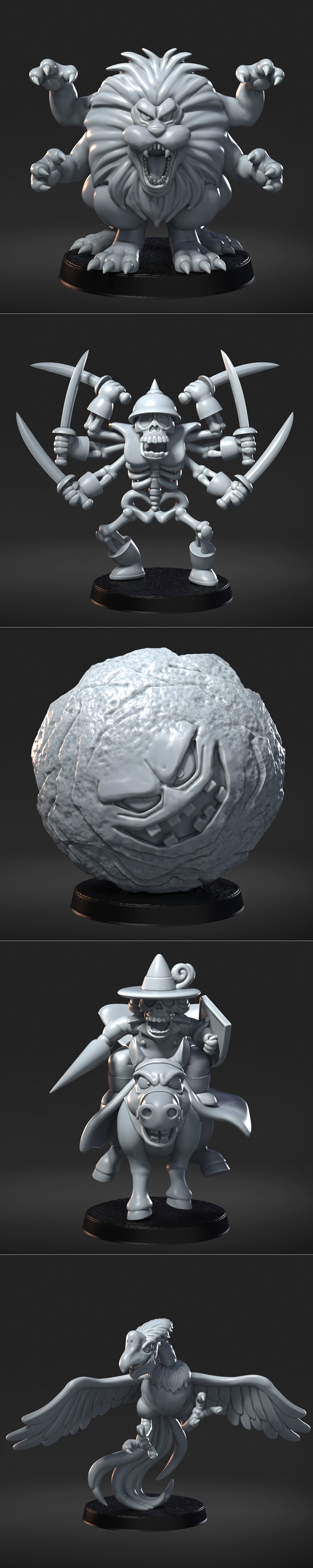 Collection of Dragon Quest 3D printable models: a rocky monster, a multi-armed lion, a skeleton on a horse, a bird-li...