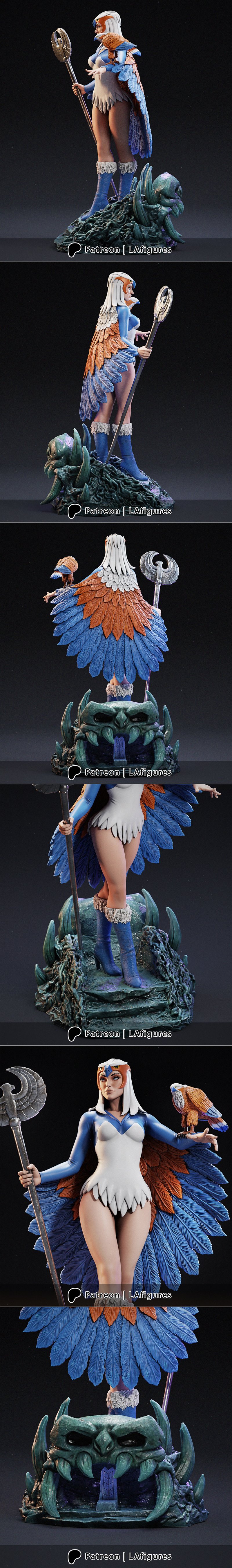 Sorceress figure from Masters of the Universe, holding a staff and with a bird on her arm, wearing a blue and white a...