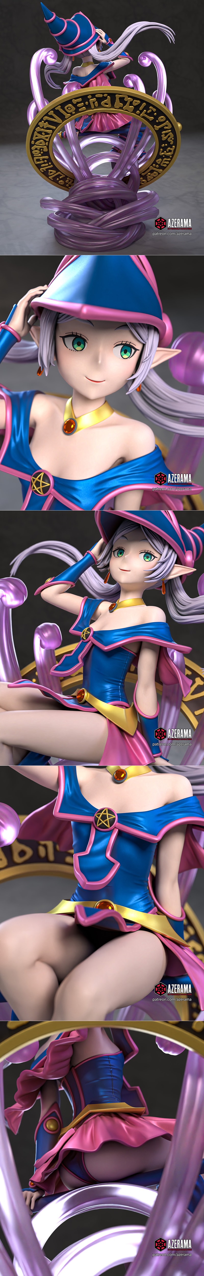 3D model of Dark Magician Girl from Yu-Gi-Oh! seated on a magical platform, wearing blue and pink outfit and pointed...