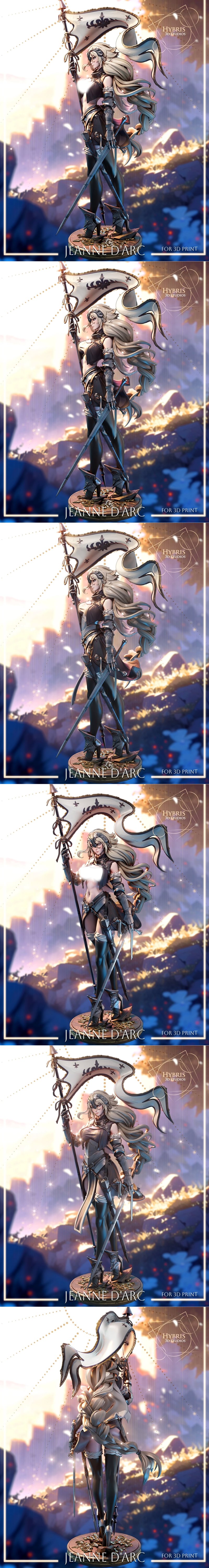 Hybris Studios Jeanne d’Arc 3D model figure, blonde hair, ornate helmet, chainmail armor, holding a sword, dynamic he...