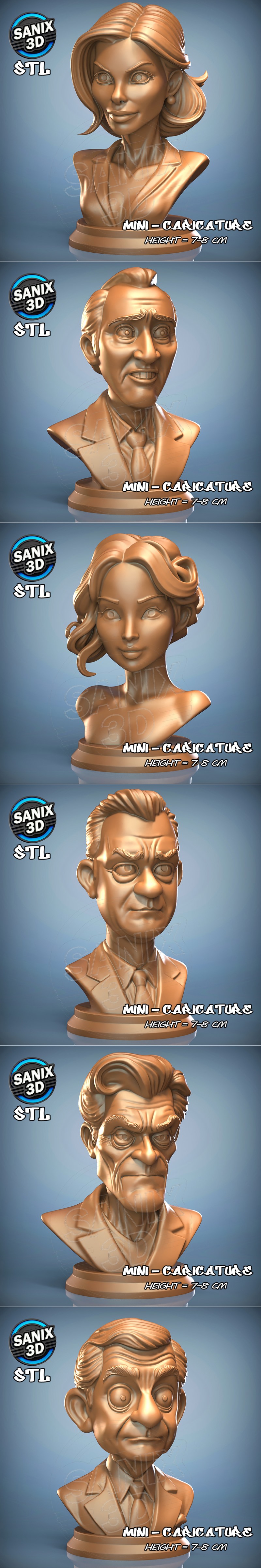 Collection of 3D printed busts in caricature style: Albert Einstein, Nikola Tesla, Mr. Bean, Sandra Bullock, Nicole K...