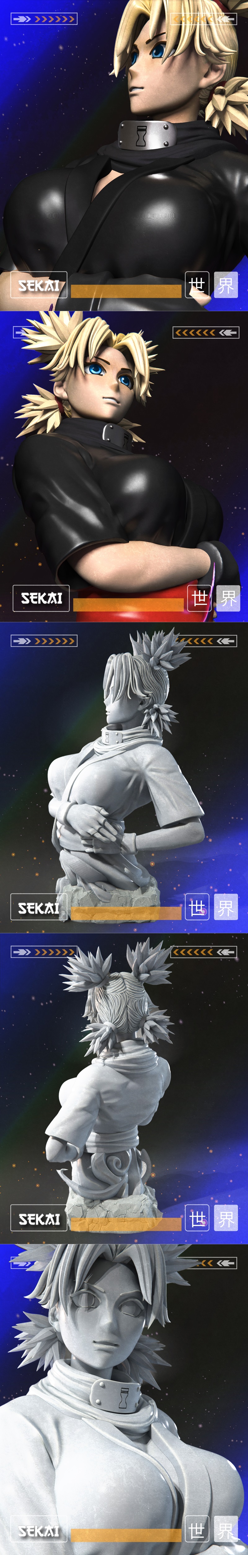 Sekai's Temari bust 3D model, blonde spiky hair, blue eyes, black outfit, red sash, purple wind effects, detailed base.