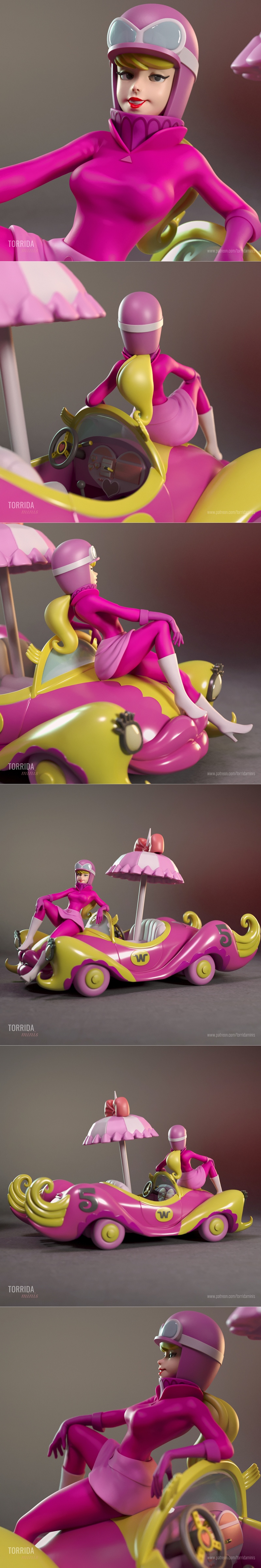 Penelope Pitstop in pink racing suit and helmet, sitting on her pink and yellow car from Wacky Races. Torrida Minis 3...